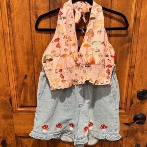 Romwe Pink Mushroom Print Halter Top and short set